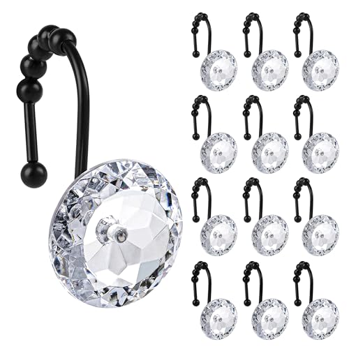 Sunlit Luxury Design Round Clear Diamond Crystal Gem Bling with Glide Balls Shower Curtain Hooks with Black Hooks, Rust Proof Metal Rhinestones Glam Shower Curtain Rings, Set of 12 - color: Clear With Black Hooks