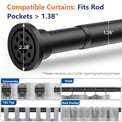 ALLZONE Tension Curtain Rod for Windows, 123 to 160 Inch, Heavy Duty Extra Long Curtain Rods, Non-Slip Bathroom Shower Tension Rod, Renter Friendly, Adjustable, Spring Loaded, Black - color: Black, size: 123-160 Inches