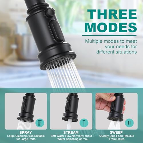Matte Black Bridge Kitchen Faucet: 3 Holes Brass Bridge Faucet with Pull Down Sprayer - Two Handles 8 Inch Centerset Kitchen Sink Faucet, 360° Swivel Spout - color: Matte Black