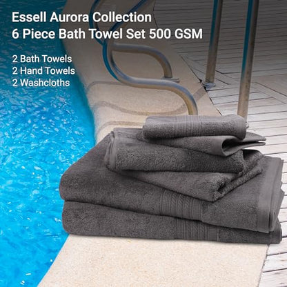ESSELL 24/7 Aurora Collection 6 Piece Bath Towel Set, 100% Cotton, Durable, Quick Dry & Light Weight, 2 Bath Towels, 2 Hand Towels, 2 Washcloths - Charcoal - color: Charcoal