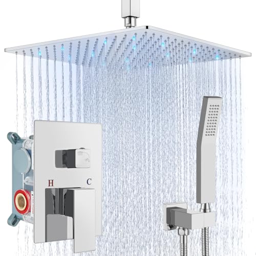 Aolemi Ceiling Shower Faucet Set with Handheld 16" LED Head Polish Chrome | Handheld Spray,16 Inch Rain LED Head,Shower Valve and Trim Kit,All Metal,Ceiling System,Bathroom Mixer - color: Chrome, size: 16 Inch LED Shower Head