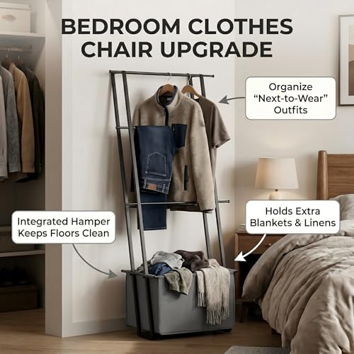 2-in-1 Leaning Blanket Ladder with Storage Basket, Matte Black Metal Towel Rack Stand, Drill-Free Space Saving Organizer for Bathroom & Bedroom Throws, 63" - color: Black With Bag
