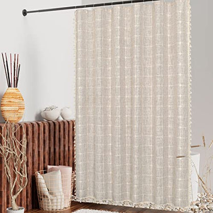 Boho Farmhouse Classic Plaid Linen Tassel Shower Curtain Grey,36x72 | Small Stall Half Size,310GSM Linen Blend Heavy Duty Cloth,3-side Tassels,Wrinkle Resistant,Chic Farmhouse Country,12 Hooks - color: Tan Brown, size: 36"W x 72"L (Pack of 1)