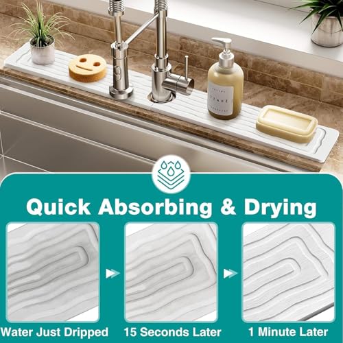 Kitchen Faucet Mat, Diatomite Sink Splash Guard, Quick Drying Stone Tray | Solid diatomite, 23.6x4in size; Absorbs splashes and dries fast; For kitchen & bathroom counters; Fits most faucets