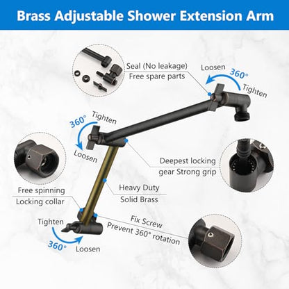 PDPBath Brass 16 Inch Shower Head Extension Arm, Upgrade Flexible Height & Angle Adjustable Shower Arm Extender with Lock Joints, for Fixed Shower Head & Handheld Shower Head, Oil Rubbed Bronze - color: Oil Rubbed Bronze, style: 6 Inch + 10 Inch