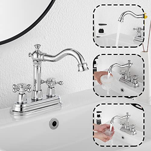 Chrome Bathroom Faucet GGStudy 2 Handles 4 Inches Centerset Bathroom Vanity with Drain Assembly and Supply Hose Lavatory Faucet Mixer Double Handle Tap - color: Polished Chrome, style: Metal Cover