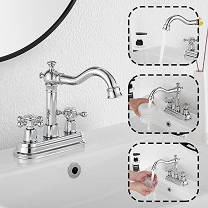 Chrome Bathroom Faucet GGStudy 2 Handles 4 Inches Centerset Bathroom Vanity with Drain Assembly and Supply Hose Lavatory Faucet Mixer Double Handle Tap - color: Polished Chrome, style: Metal Cover