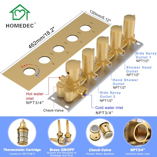 HOMEDEC 16" Round Rain Shower Faucet Set with Dual 6" Wall Mounted Shower Heads, 4 Way Shower Valve with 2-Function Handheld Shower, Brushed Gold - color: Brushed Gold, style: 4-Way + 2x 6" Top (No Jets)