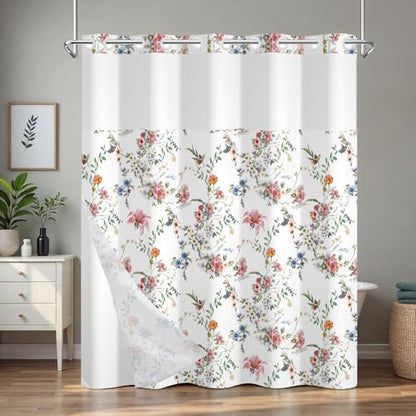 Floral Shower Curtain with Removable Liner, Double-Layer Waterproof Shower Curtains for Bathroom, Washable No Hook Shower Curtain with Snap in Liner, Weighted Bottom and Mesh Top Window, 71x74 Inches - color: Wildflowers
