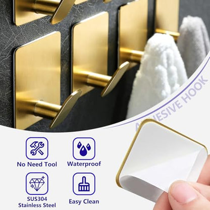 Gold Adhesive Wall Hooks 15LB Max Heavy Duty Sticky Hook Rustproof | 2" Stainless Hanger for Hanging Coat Towel Robe Hat for Bathroom Kitchen Shower RV Glass Wall, No Drilling Brushed Gold 4Pack - color: Sq- Brushed Gold