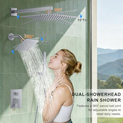 Rain Shower System with Rough-in Valve, Wall Mount Shower Faucet Set with 12" & 6" Dual Rain Shower Heads, 2-in-1 Handheld Shower, Tub Spout, 4-Function Complete Shower Fixture, Chrome - color: Chrome, size: Wall Mount-12"+6" head with Tub Spout & Handhel