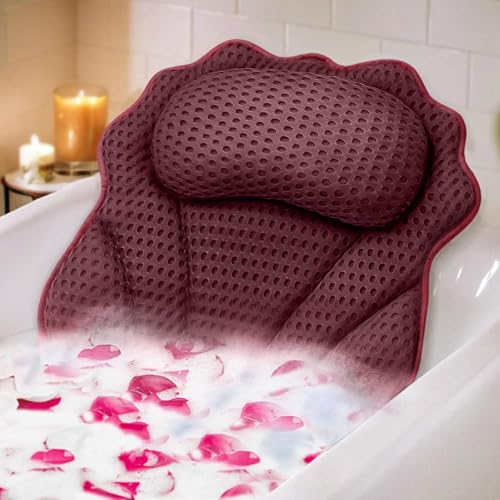 Bath Pillow RUVINCE Ergonomic Luxury Bathtub Pillow with Head,Neck, Shoulder and Back Support, 4D Bath Pillows for tub with 6 Powerful Suction Cups, Fits All Bathtub, Spa Tub, Hot Jacuzzi (Dark red) - color: Dark Red