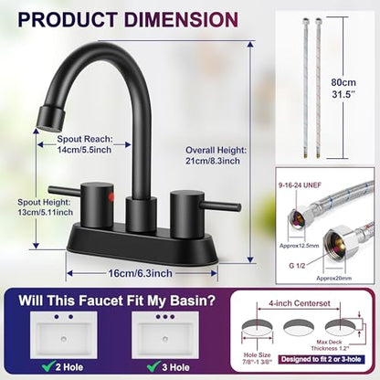 2 Pack Matte Black Bathroom Faucet for 3 Hole, Herogo 4 Inch 2-Handle Bathroom Sink Faucet with Pop-Up Drain and Supply Hoses, 18/10 Stainless Steel Faucets for RV Vanity - color: Matte Black, style: Round Handles-2 Set