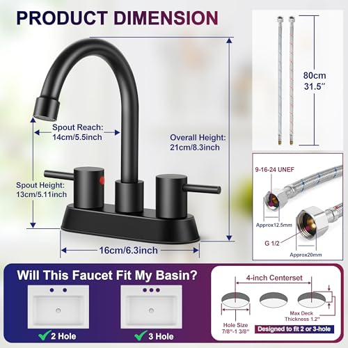 Matte Black Bathroom Faucet for 3 Hole, Herogo 4 Inch 2-Handle Bathroom Sink Faucet with Pop-Up Drain and Supply Hoses, 18/10 Stainless Steel Faucets for RV Vanity - color: Matte Black, style: Round Handles