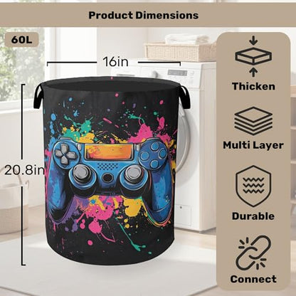 Laundry Basket, Dirty Clothes Basket, Gamers Controller Foldable Canvas Laundry Hamper with Handles - Toy Organizer, Heavy Duty for Home, Bedroom, Dorm, Bathroom - color: Gamers Controller