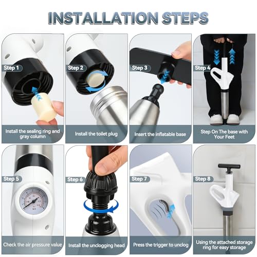 Toilet Plunger, High Pressure Drain Unclogger Plungers with Pressure Gauge, Toilet Auger Air Drain Blaster, Versatile Heavy Duty Clog Remover for Bathroom, Kitchen, Floor Drain (White) | Air Drain Blaster Toilet Auger with Pressure Gauge, Heavy Duty Toile