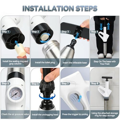 Toilet Plunger, High Pressure Drain Unclogger Plungers with Pressure Gauge, Toilet Auger Air Drain Blaster, Versatile Heavy Duty Clog Remover for Bathroom, Kitchen, Floor Drain (White) | Air Drain Blaster Toilet Auger with Pressure Gauge, Heavy Duty Toile
