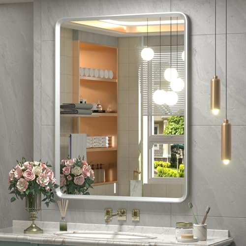 24x32 Silver Bathroom Mirror, Silver Vanity Mirror for Wall, Rounded Rectangle Mirror with Beveled Border, Anti-Rust, Polished, Shatterproof (Horizontal/Vertical) | Silver Metal Framed Mirror, Rounded Rectangle, Beveled Border, Anti-Rust, Painted, Shatter