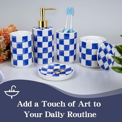 Ceramic Bathroom Soap Dispenser Set, Checkered Bathroom Vanity Set with Lotion Pump, Toothbrush Holder, Soap Dish & Storage Jar, Modern Bathroom Sink Accessories (Blue) - style: Blue