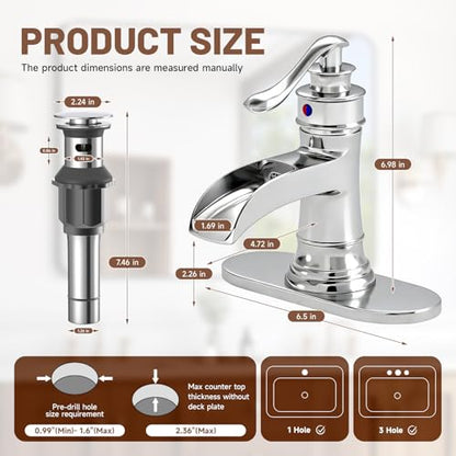 Bathroom Faucet Chrome Waterfall Bathroom Sink Faucets & Parts | with Pop Up Drain Stopper with Overflow Single Handle Single Hole Vanity Commercial Trough Supply Lines Hose Lead-Free - color: Chrome