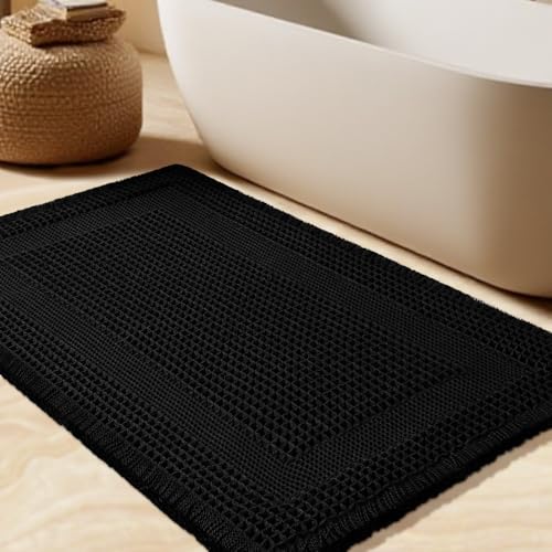 Upgrade Waffle Bath Mat, Boho Bathroom Rugs Absorbent Non Slip, Ultra Soft Bathroom Mat, Machine Washable Knit Bath Rugs with Tassels for Bathroom, Bedroom, Kitchen, Shower, Tub, Black, 32"x20" - color: Black-looped, size: 1'8" x 2'8" (Rectangular)