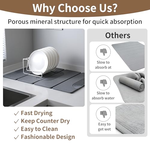 Foldable Stone Dish Drying Mat for Kitchen Counter, Diatomaceous Earth Drying Mat with Non-Slip Backing, Heat Resistant Multifunctional Mat for Kitchen & Bathroom, Instant water absorption-(24"×16") - color: Dark Gray