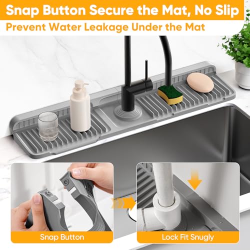 24'' Longer Faucet Mat for Kitchen Sink Splash Guard[7° Slope Fast Self-draining][Snap Lock Fit]Kitchen Sink Faucet Mat Splash Guard Kitchen Sink Area Water Splash Guard Behind Faucet Draining Mat - color: Gray, size: 24" x 5.5"