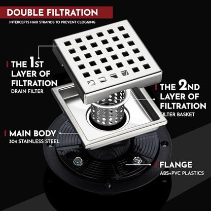 4 Inch Square Shower Floor Drain with Flange,Quadrato Pattern Grate Removable,Food-Grade SUS 304 Stainless Steel,Watermark&CUPC Certified,Brushed - color: Brushed, size: 4 Inch