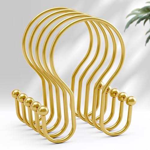AmazerBath Shower Curtain Hooks, Dark Gold Shower Curtain Rings, Simple Double Hook Shower Curtain Hooks Rust Proof, Metal Smooth Shower Hooks for Shower Curtain Rod, 12 Pcs Shower Rod Hook - color: Dark Gold, style: Minimalist - Double Shower Hooks