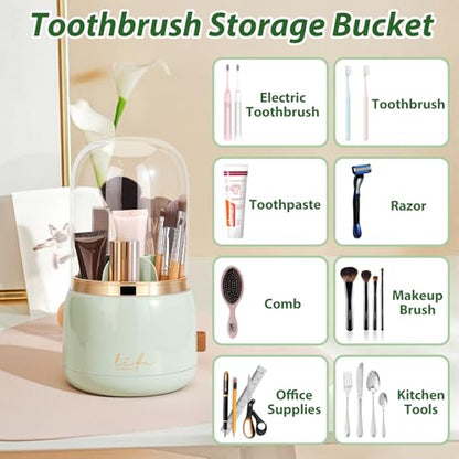 360º Rotating Toothbrush Holder with Cover, Dustproof Waterproof Cosmetic Organizer, 7-Slot Bathroom Countertop Organizer with Drainage for Makeup Brushes, Electric Toothbrushes, Toothpaste - color: Green