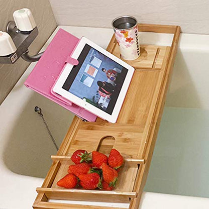 Bath Caddy Tray for Tub, Bamboo Bathtub Tray Caddy 29.5-42.9 inch Expandable with Wine Glass Holder, Book Stand and Phone Slot Luxury Bubble Bath Accessories & Spa Decor Distinctive Gift