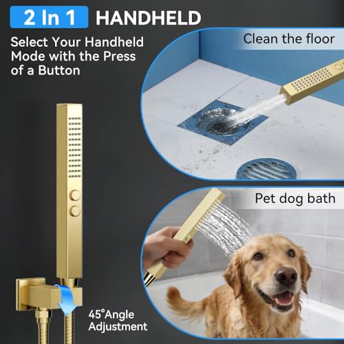 STARBATH Shower System with Body Jets,12" Rainfall Shower System with 2 in 1 Handheld and 4 Body Jets, Can Use All at Once, Push Button Complete Shower Jets System with Valve and Trim Kit,Brushed Gold - color: Gold, size: 12"-04