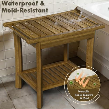 Teak Wood Shower Bench 14"/ 20"/ 30" Wide - Bathroom/Spa/Tub Teak Shower Stool Seat W/Shelf & Arms, Waterproof Heavy Duty Teak Wooden Shave Bench (20in) - size: 20in