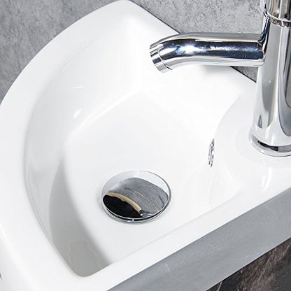 Wall Mount Triangle Corner Bathroom Sink with Faucet&Drain Kit 12.8x12.8in | Glossy stain-resistant ceramic; fast draining bowl; full mounting hardware; measure corner wall space before ordering - style: with Faucet&Drain Set