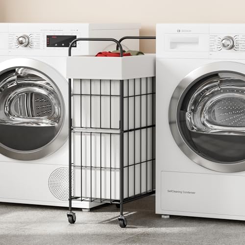 60L Slim Laundry Hamper with Wheels, Laundry Basket with Liner Bag | Lockable Rolling Casters; Reinforced Steel Frame; Breathable Fabric Construction; Space-Efficient Design - color: White, size: 60L-1 Section