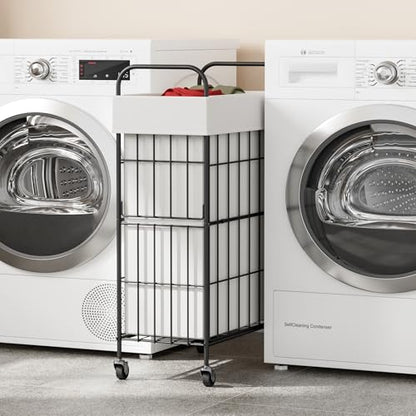 60L Slim Laundry Hamper with Wheels, Laundry Basket with Liner Bag | Lockable Rolling Casters; Reinforced Steel Frame; Breathable Fabric Construction; Space-Efficient Design - color: White, size: 60L-1 Section