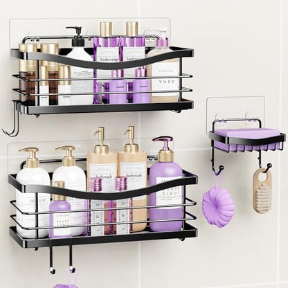 ODesign 3 Pack Adhesive Shower Caddy,Stainless Steel Shower Shelves,Black | No Drilling Shower Shelves Rack,Rustproof Shower Organizer with Soap Holder,Shelves for Bathroom Storage & Home Decor