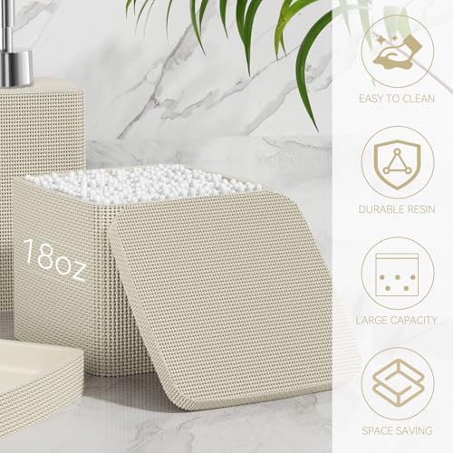 Beige Bathroom Accessories Set 5 Pieces, Resin Toothbrush Holders Set Complete with Soap Dispenser, Toothbrush Holder, Vanity Tray, Bathroom Tumbler and Qtip Holder for Small Spaces - size: 5 Pcs Bathroom Set, style: Beige