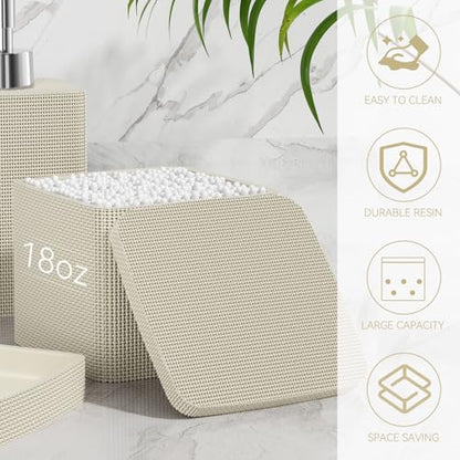 Beige Bathroom Accessories Set 5 Pieces, Resin Toothbrush Holders Set Complete with Soap Dispenser, Toothbrush Holder, Vanity Tray, Bathroom Tumbler and Qtip Holder for Small Spaces - size: 5 Pcs Bathroom Set, style: Beige