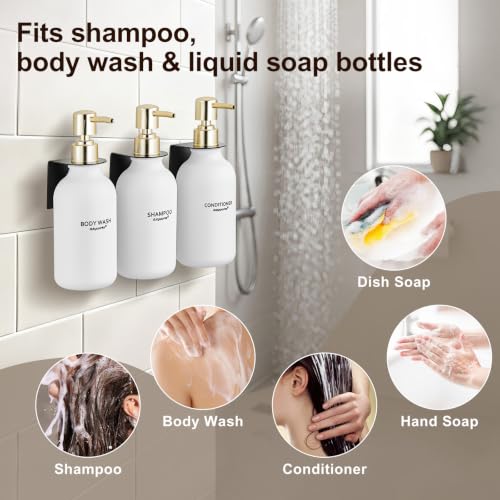 Shampoo and Conditioner Dispenser Set of 3, Matte White | Gold Pumps, 16.9 oz Refillable Bottles, No-Drill Wall Mount, 27 Labels, For Bathrooms, Hotels and Airbnbs - color: Matte White Bottle + Gold Pump