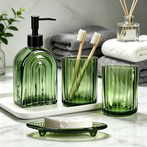 YYTSGG Green Glass Accessories Set, 4PCS Bathroom Set | Modern Countertop Vanity Organizer Set include 13.5oz Lotion Soap Dispenser, Toothbrush Holder, Tumbler & Soap Dish - color: Green