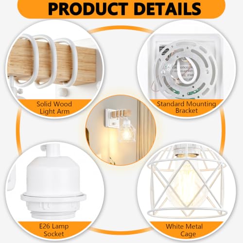 FadimiKoo Wall Sconces Set of Two, Farmhouse Hardwired White Wall Lamps with Wooden Arm & On/Off Dimmable Switch, Modern Bathroom Light Fixtures with Metal Shade for Living Room, Hallway, Bedroom - color: White, size: 1-Light (2 Pack)