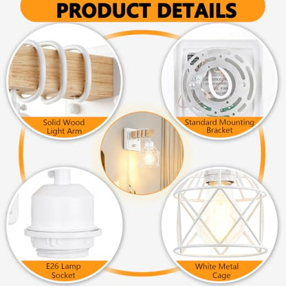 FadimiKoo Wall Sconces Set of Two, Farmhouse Hardwired White Wall Lamps with Wooden Arm & On/Off Dimmable Switch, Modern Bathroom Light Fixtures with Metal Shade for Living Room, Hallway, Bedroom - color: White, size: 1-Light (2 Pack)