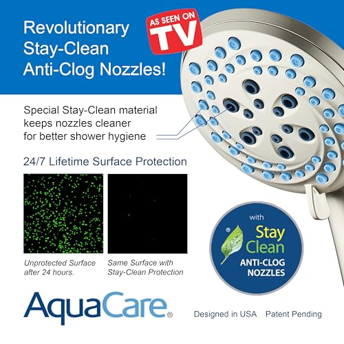 AquaCare New 8-mode High Pressure Handheld Shower Head w/ 2-way Power Wash | Stay Clean Nozzles, Dual Power Wash for Tub, Tile & Pets, Long 6 ft. Stainless Steel Hose, Wall & Overhead Brackets / Nickel - color: Nickel