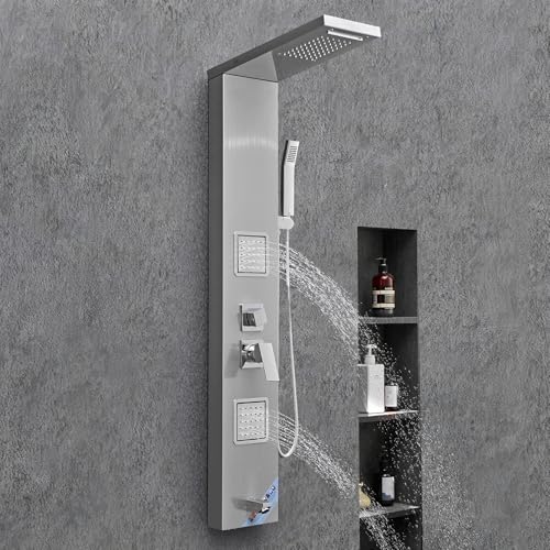 VEVOR Shower Panel Tower System with Rainfall Waterfall Shower Head, 53 in Brushed Stainless Steel Shower Column, 5-Function Faucet, Wall-Mount Rain Massage System with 2 Body Jet, Handheld, Tub Spout
