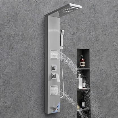 VEVOR Shower Panel Tower System with Rainfall Waterfall Shower Head, 53 in Brushed Stainless Steel Shower Column, 5-Function Faucet, Wall-Mount Rain Massage System with 2 Body Jet, Handheld, Tub Spout