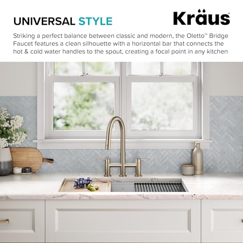 KRAUS Oletto Bridge Kitchen Faucet with Pull-Down Sprayhead in Spot-Free Antique Champagne Bronze, KPF-3122SFACB - color: Spot Free Antique Champagne Bronze, style: Bridge Faucet
