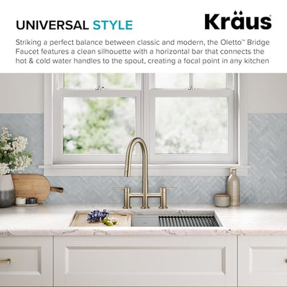 KRAUS Oletto Bridge Kitchen Faucet with Pull-Down Sprayhead in Spot-Free Antique Champagne Bronze, KPF-3122SFACB - color: Spot Free Antique Champagne Bronze, style: Bridge Faucet
