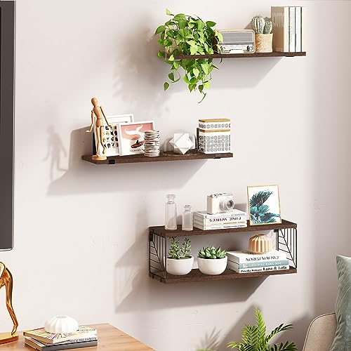 Fixwal 3+1 Tier Bathroom Floating Shelves Over Toilet, Dark Brown | Dark Brown Wood Shelf Set with Toilet Paper Storage Basket, Natural Finish, 40Lb Weight Limit, Quick Mount, Versatile - color: Dark Brown