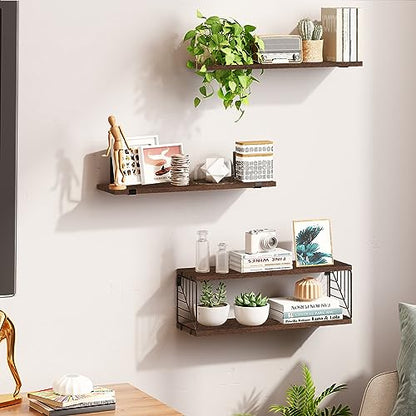 Fixwal 3+1 Tier Bathroom Floating Shelves Over Toilet, Dark Brown | Dark Brown Wood Shelf Set with Toilet Paper Storage Basket, Natural Finish, 40Lb Weight Limit, Quick Mount, Versatile - color: Dark Brown